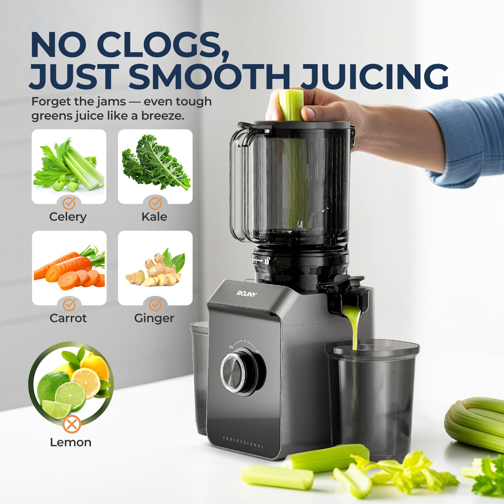 Electric Slow Juicer Cold Press - ROUNY コールドプレス抽出器、フィルター不要、簡単洗浄、電動フルーツスロージューサーマシン、130mm大型投入口、ブラック